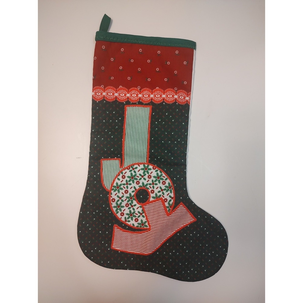 VTG Handmade Christmas Stocking 16" Joy Applique Kitchy Cotton A5